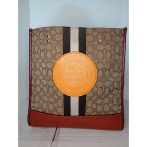 Coach Signature Stripe Canvas & Leather Tote Bag With Yellow Logo Accent